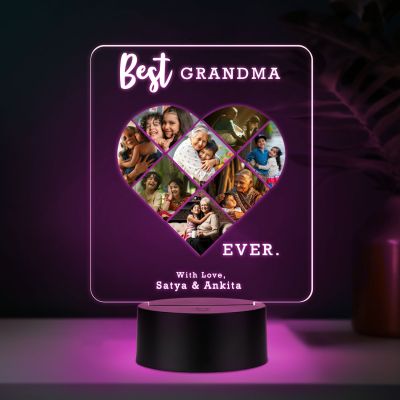 Personalized Best Grandma Ever LED Night Light, Heart Photo Collage Frame with Multicolored Light Memorable Gift for Dadi Maa